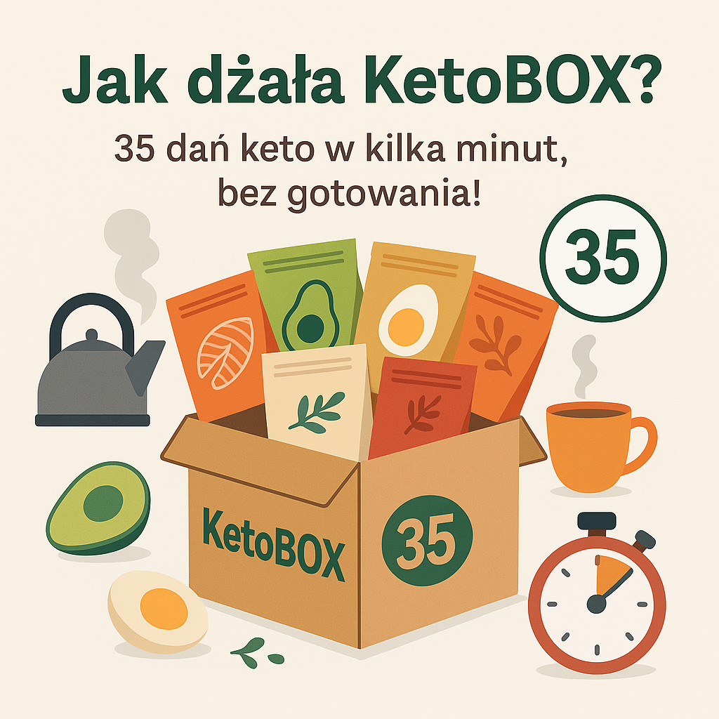 Jak działa KetoBOX? 35 dań ketogenicznych w kilka minut bez gotowania – ilustracja pudełka KetoBOX z kolorowymi saszetkami, czajnikiem, kubkiem i stoperem.