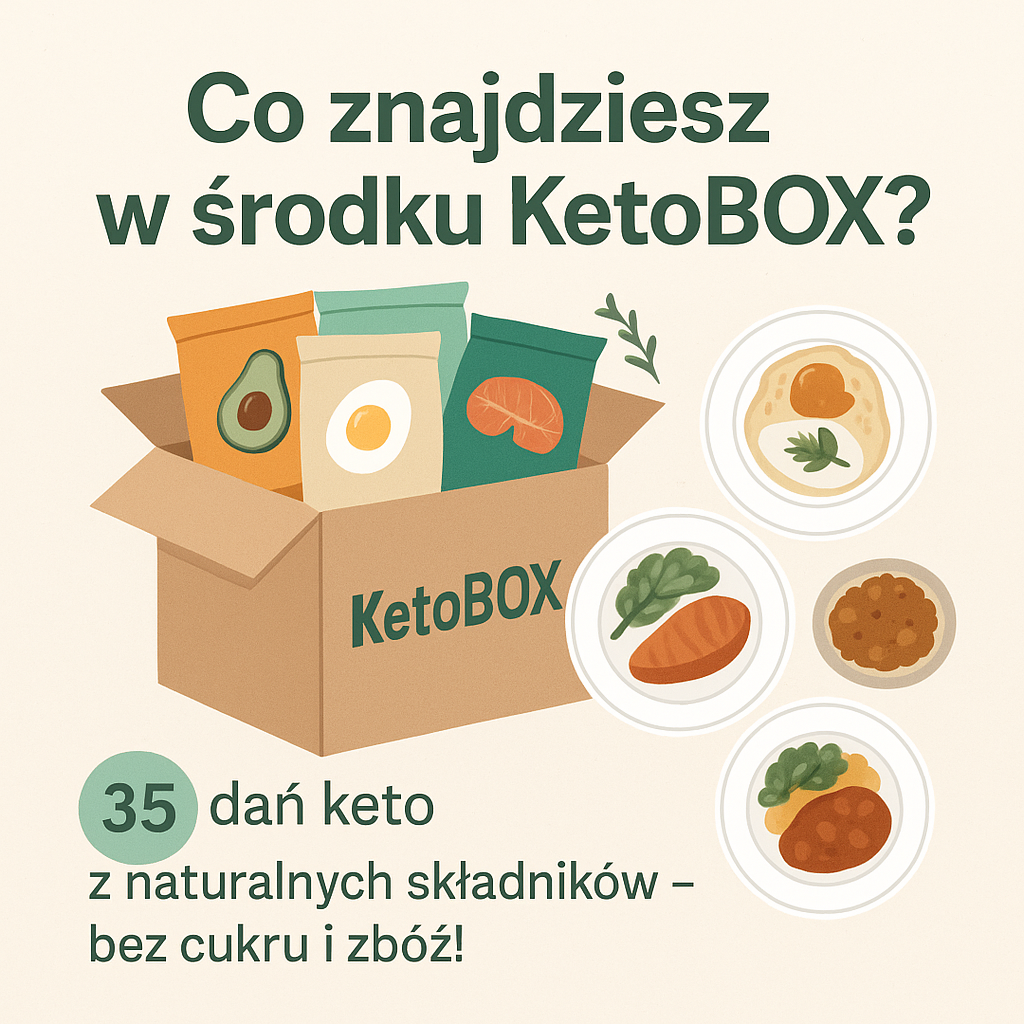 Co znajdziesz w środku KetoBOX – ilustracja otwartego pudełka KetoBOX z 35 kolorowymi saszetkami liofilizowanych dań ketogenicznych oraz trzema porcjami posiłków na talerzykach, bez cukru i zbóż.