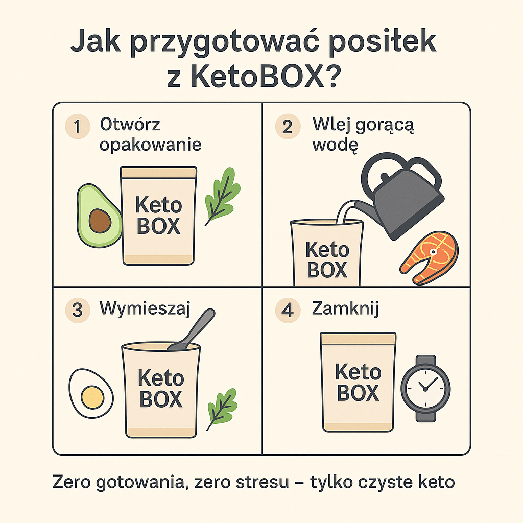 Jak przygotować posiłek z KetoBOX – instrukcja krok po kroku: otwórz opakowanie, wlej gorącą wodę, wymieszaj, zamknij i odczekaj. Zero gotowania, zero stresu – tylko czyste keto.