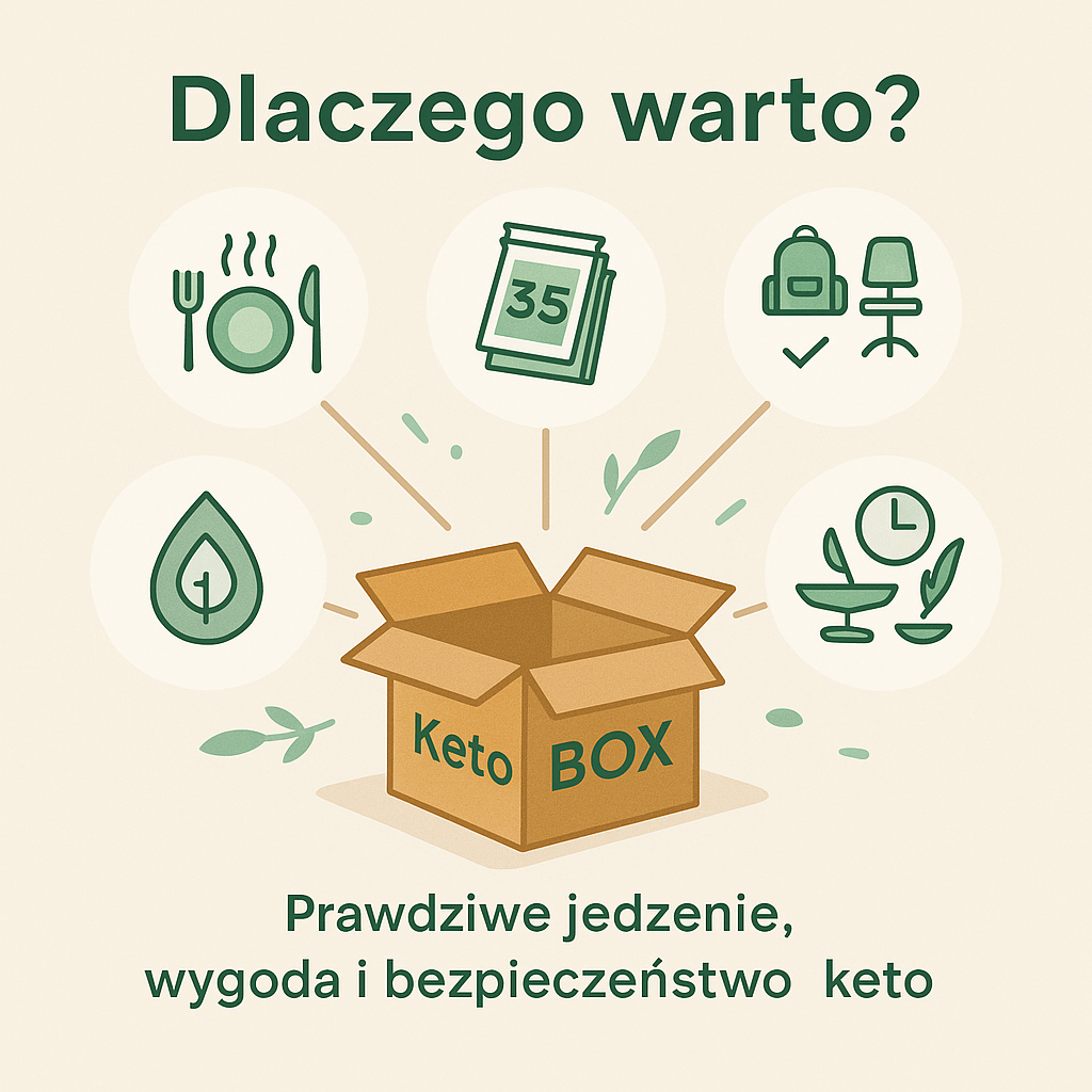 Dlaczego warto wybrać KetoBOX – infografika pokazująca zalety: prawdziwe jedzenie, 35 dań na tydzień, wygoda w podróży i pracy, bezpieczeństwo keto oraz oszczędność czasu i lekkość liofilizowanych posiłków.