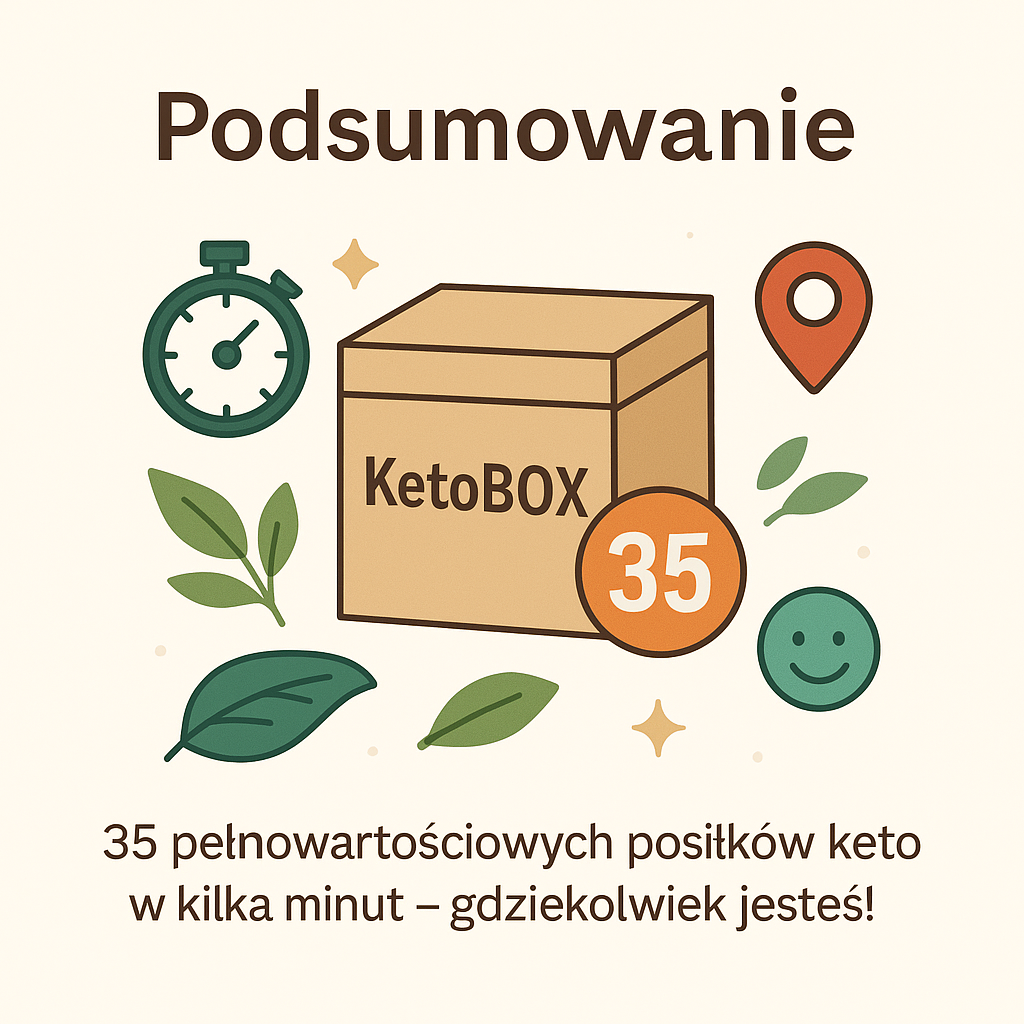 Podsumowanie KetoBOX – ilustracja pudełka z 35 pełnowartościowymi posiłkami ketogenicznymi, zegarem, lokalizatorem, symbolem czystości i uśmiechem. KetoBOX to szybkie i wygodne keto w każdej sytuacji.