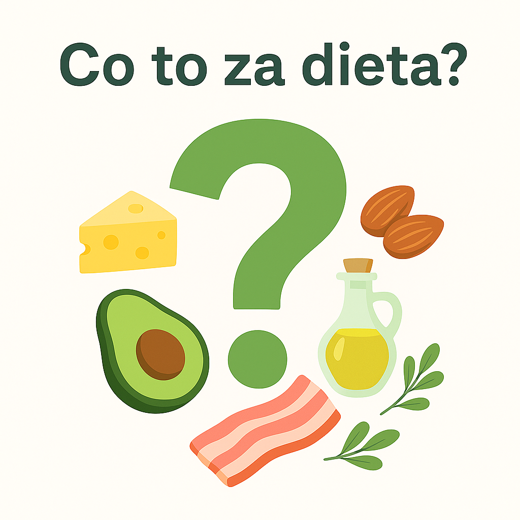 Co to za dieta? – ilustracja z pytajnikiem i ikonami keto: awokado, ser, migdały, oliwa z oliwek, boczek i zioła na jasnym tle.