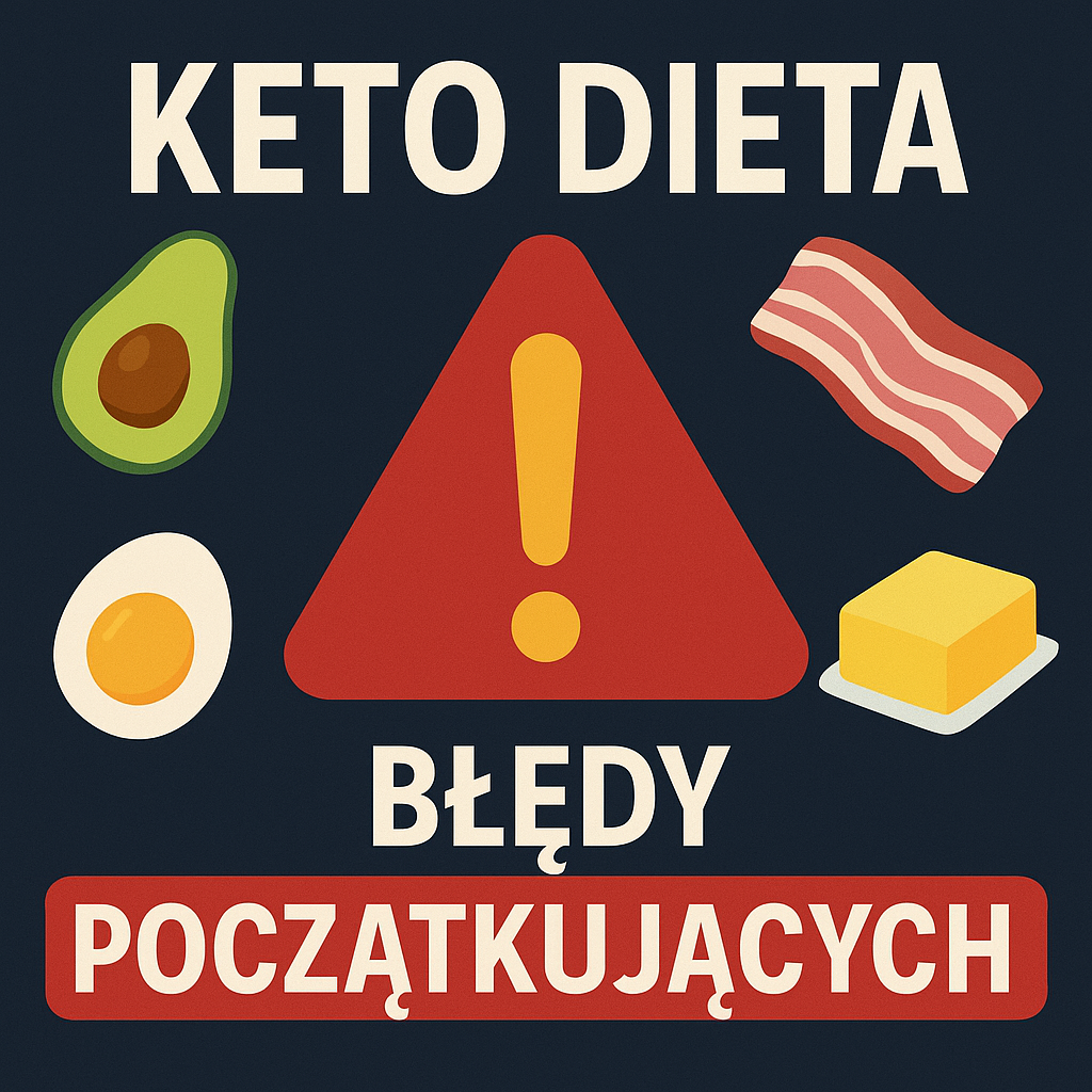 Najczęstsze błędy początkujących na diecie ketogenicznej – ostrzeżenie, produkty keto, grafika edukacyjna