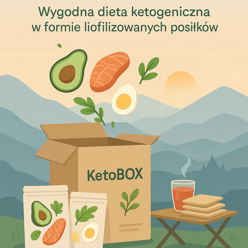 KetoBOX – wygodna dieta ketogeniczna w formie liofilizowanych posiłków. Ilustracja pudełka KetoBOX i liofilizowanych dań ketogenicznych z awokado, łososiem, jajkiem i herbatą w górskim plenerze.