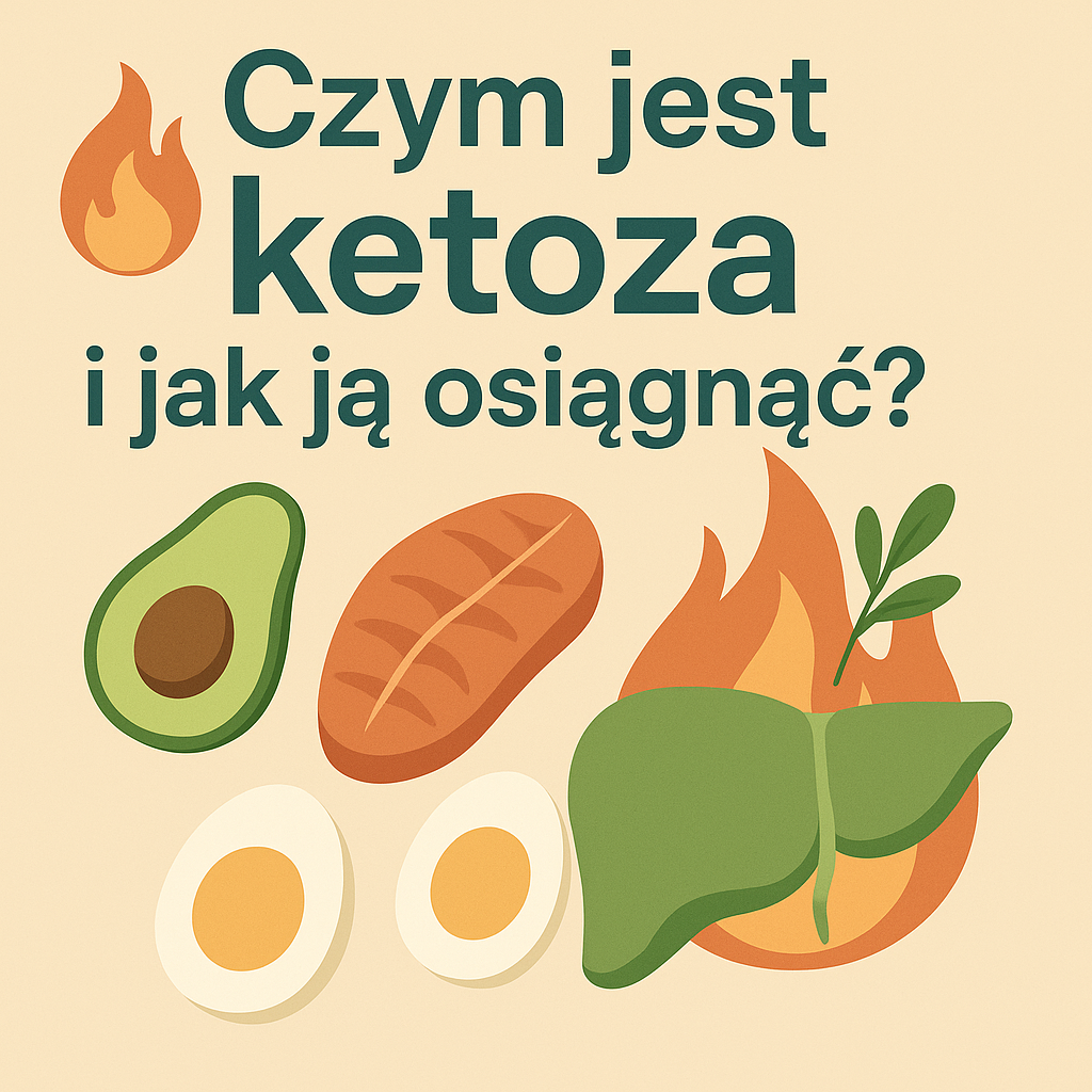 Kwadratowa ilustracja z pytaniem „🔥 Czym jest ketoza i jak ją osiągnąć?” i grafiką z awokado, łososiem, jajkiem oraz sałatą na talerzu, u dołu przycisk