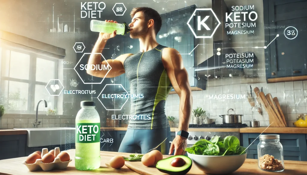 Osoba na diecie keto pijąca suplement elektrolitowy z butelki sportowej, na tle zdrowych produktów: awokado, szpinaku i orzechów, z oznaczeniami: sód, potas, magnez.