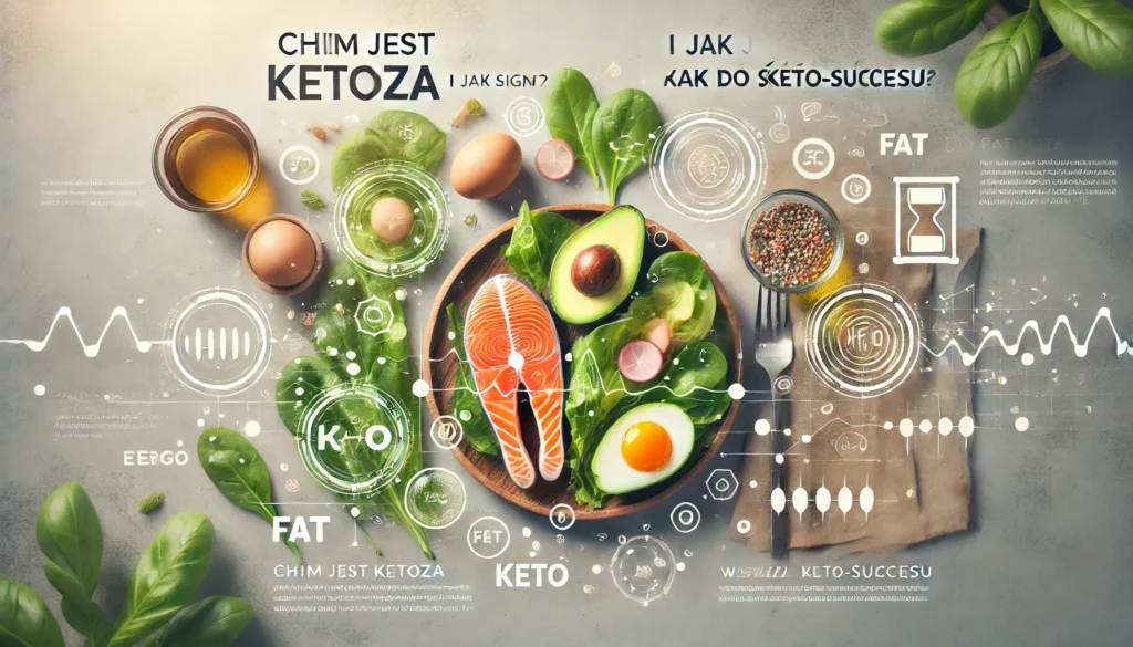Keto posiłek z awokado, jajkiem, łososiem i warzywami – grafika z napisem 'Czym jest ketoza i jak ją osiągnąć? – wstęp do keto-sukcesu