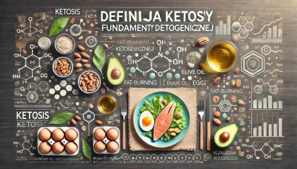 Naukowa ilustracja ketozy z molekułami tłuszczu i keto posiłkiem – napis: Definicja ketozy – fundament diety ketogenicznej