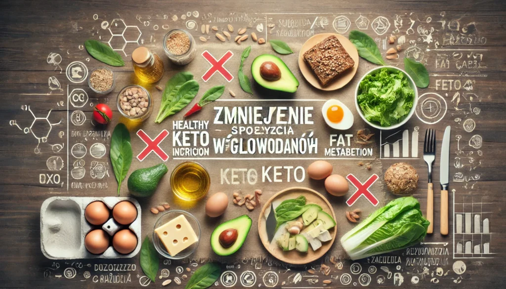 Zdrowe produkty keto oddzielone od węglowodanów z czerwonym znakiem X – zmniejszenie spożycia węglowodanów w diecie ketogenicznej