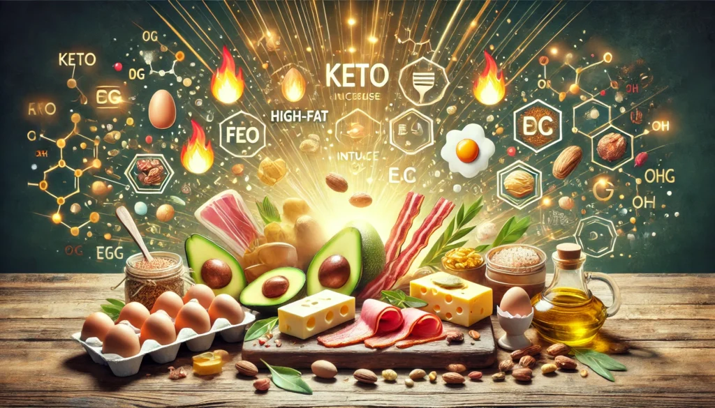 Produkty tłuszczowe keto – awokado, jajka, masło, boczek z ikonami energii i tłuszczów: 🥑🍳🧈🥓🔥⚡️ – wizualizacja zwiększenia podaży tłuszczów