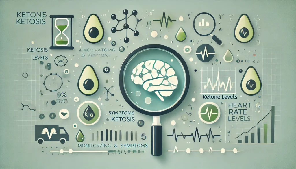 Ikony ketozy: mózg 🧠, awokado 🥑, krople ketonów, lupka 🔍 i pasek postępu – wizualne monitorowanie objawów ketozy bez tekstu